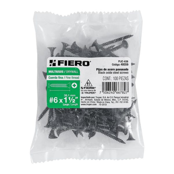 TORNILLO TABLAYESO 6X1-1/2 ROSCA FINA FIERO 100-PCS 40059