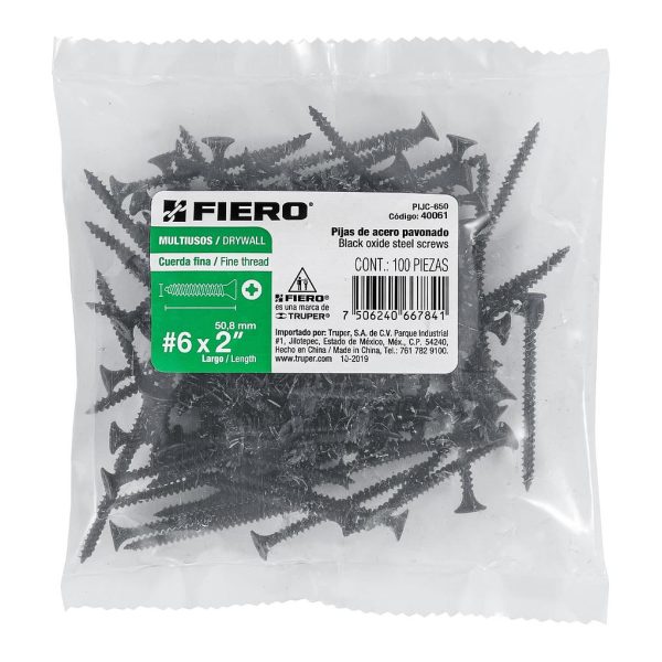 TORNILLO TABLAYESO 6X2 ROSCA FINA FIERO 100-PCS 40061